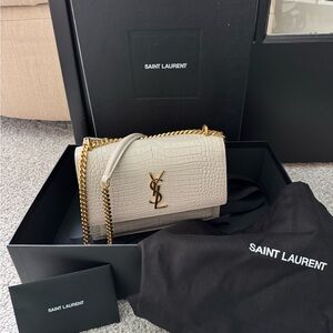 Saint Laurent White Croc-Embossed Crossbody Bag